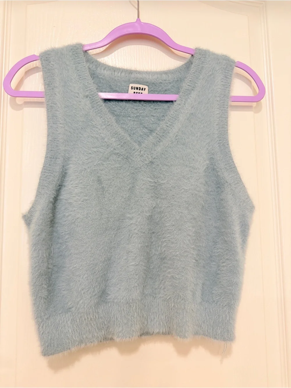 Sunday Best TIA Fuzzy Knit Sweater Vest Light Blue Size Medium Soft Girl